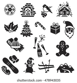 Winter icon set. 
Black icons about winter holidays, weather, recreations.