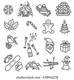 Winter icon set. 
Black line icons about winter holidays, weather, recreations.