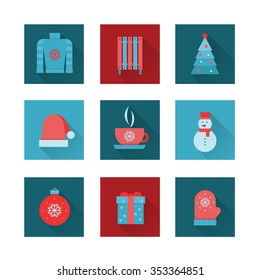 Winter icon set. Christmas icons, flat design.