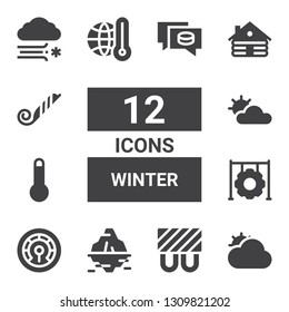 winter icon set. Collection of 12 filled winter icons included Cloudy, Heating, Iceberg, Thermometer, Tire, Cabin, Blower, Blizzard, Puck