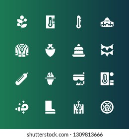 winter icon set. Collection of 16 filled winter icons included Thermometer, Jacket, Boots, Blower, Heat, Goggles, Iceberg, Garland, Pudding, Kerchief, Dome, Holly