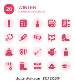 winter icon set. Collection of 20 filled winter icons included Thermometer, Cracker, Goggles, Heat, Wreath, Puck, Garland, Boots, Pudding, Mittens, Blower, Elf, Feeder, Temperature