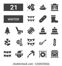 winter icon set. Collection of 21 filled winter icons included Fireplace, Tire, Ice axe, Elf, Garland, Thermometer, Blower, Garlands, Temperature, Holly, Pudding, Skii, Hockey