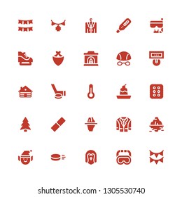 winter icon set. Collection of 25 filled winter icons included Garland, Goggles, Penguin, Puck, Elf, Iceberg, Jacket, Rubber, Pine, Cracker, Pudding, Thermometer, Hockey, Cabin