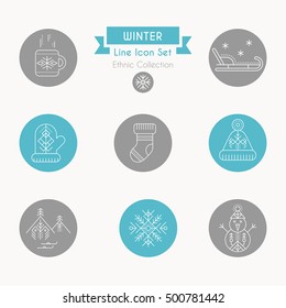 Winter icon set. Collection of creative line style round badges. Minimalistic outlined winter holidays signs.