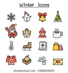 Winter icon set in color line style