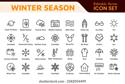 Winter Icon Set. A cozy collection of icons capturing the essence of the winter season, perfect for enhancing holiday-themed projects, seasonal promotions, and winter sports applications.