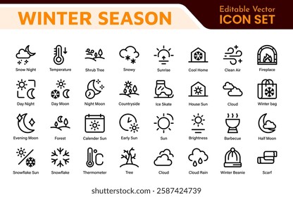 Winter Icon Set. A cozy collection of icons capturing the essence of the winter season, perfect for enhancing holiday-themed projects, seasonal promotions, and winter sports applications.