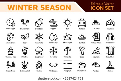 Winter Icon Set. A cozy collection of icons capturing the essence of the winter season, perfect for enhancing holiday-themed projects, seasonal promotions, and winter sports applications.