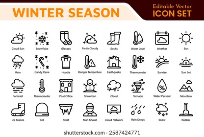 Winter Icon Set. A cozy collection of icons capturing the essence of the winter season, perfect for enhancing holiday-themed projects, seasonal promotions, and winter sports applications.