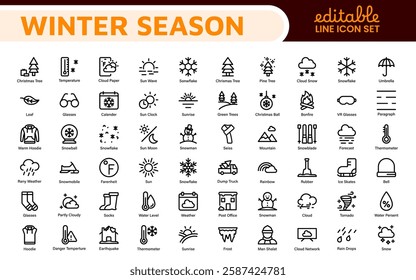 Winter Icon Set. A cozy collection of icons capturing the essence of the winter season, perfect for enhancing holiday-themed projects, seasonal promotions, and winter sports applications.