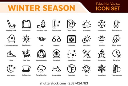 Winter Icon Set. A cozy collection of icons capturing the essence of the winter season, perfect for enhancing holiday-themed projects, seasonal promotions, and winter sports applications.