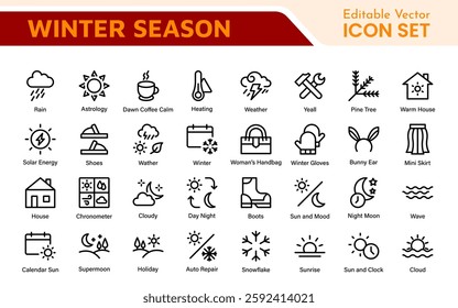 Winter Icon Set. A cozy collection of icons capturing the essence of the winter season, perfect for enhancing holiday-themed projects, seasonal promotions, and winter sports applications.