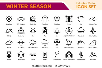 Winter Icon Set. A cozy collection of icons capturing the essence of the winter season, perfect for enhancing holiday-themed projects, seasonal promotions, and winter sports applications.