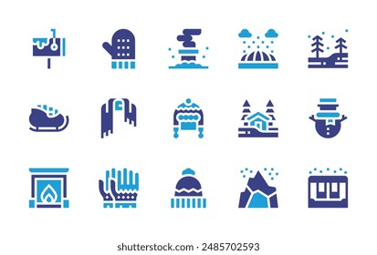 Conjunto de iconos de invierno. Color duotono. Ilustración vectorial. Contiene sombrero de invierno, bosque, muñeco de nieve, bufanda, iglú, casa de madera, mitones, trineo, buzón, chimenea.