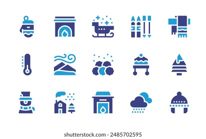Winter icon set. Duotone color. Vector illustration. Containing snowman, thermometer, northernlights, mitten, house, fireplace, sled, snowball, chimney.
