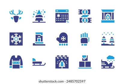 Winter icon set. Duotone color. Vector illustration. Containing glove, deer, snowflake, scarf, postbox, fireplace, mitten, calendar, pinetree, forest.