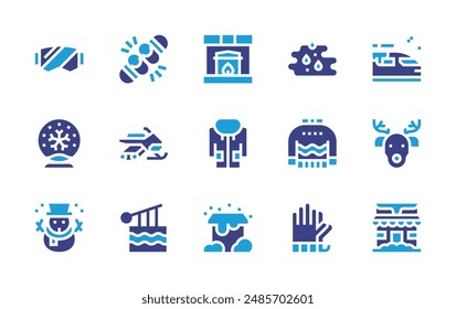 Winter icon set. Duotone color. Vector illustration. Containing snowboard, rudolf, glasses, snowball, sweater, raincoat, puddle, snowmobile, fireplace, highspeedtrain.