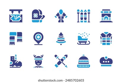 Winter icon set. Duotone color. Vector illustration. Containing winterhat, beanie, sledge, iceskate, jacket, boy, pine, skiing, locationpin, scarf.