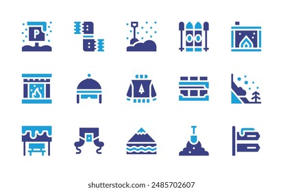 Winter icon set. Duotone color. Vector illustration. Containing skigoggles, fireplace, ski, avalanche, fence, scarf, sweater, parkingsign, shovel.