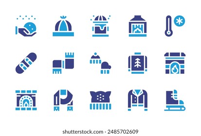 Winter icon set. Duotone color. Vector illustration. Containing winterclothing, jacket, hat, snowball, sweater, scarf, chimney, snowboard, fireplace, firehydrant.