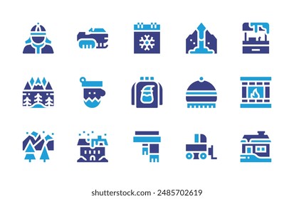 Winter icon set. Duotone color. Vector illustration. Containing winterhat, woman, lanscape, avalanche, fireplace, snowmobile, mittens, calendar, sweater.