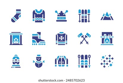 Winter-Icon-Set. Zweitonfarbe. Vektorillustration. Enthalten Skistöcke, Stiefel, Berg, Socke, Kamin, Mütze, Pullover, Pullover, Skifahren.
