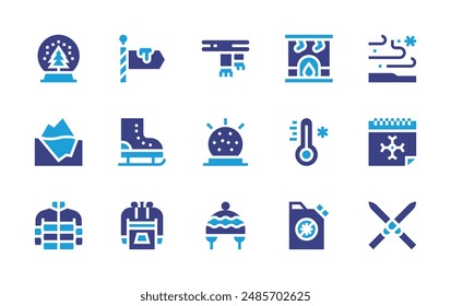 Winter icon set. Duotone color. Vector illustration. Containing winterseason, snowball, fireplace, iceskate, iceberg, scarf, signpost, thermometer, snow.