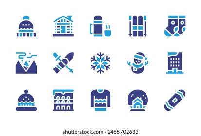 Winter icon set. Duotone color. Vector illustration. Containing ski, hat, auroraborealis, skis, snowman, snowflake, thermos, socks, buildings, woodenhouse.