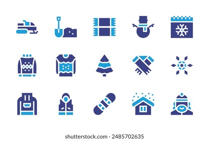 Winter icon set. Duotone color. Vector illustration. Containing snowman, snowboard, house, shovel, snowmobile, pinetree, coat, jumper, scarf, vest, scarfs, sweater.