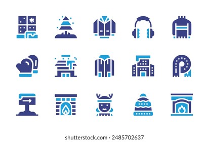 Winter icon set. Duotone color. Vector illustration. Containing winter, mittens, jacket, coat, girl, fireplace, beanie, pinetree, earmuffs, signboard, window, house.