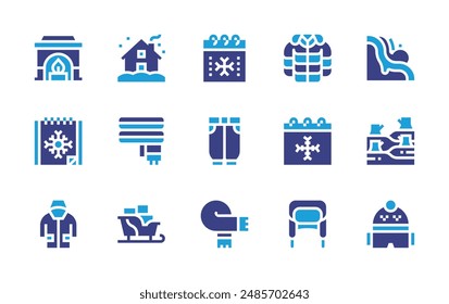 Winter icon set. Duotone color. Vector illustration. Containing winter, jacket, fireplace, calendar, joggerpants, trunk, snowavalanche, scarf, house.