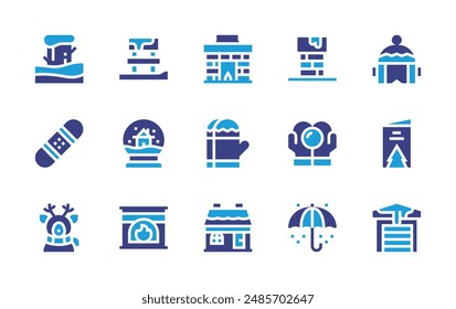 Conjunto de iconos de invierno. Color duotono. Ilustración vectorial. Contiene invierno, chimenea, reno, bola de nieve, paraguas, tabla de nieve, guantes, folleto, garaje.
