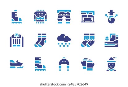 Winter icon set. Duotone color. Vector illustration. Containing winterhat, winter, socks, mittens, arch, christmas, busstop, boot, snow, boy, snowman.