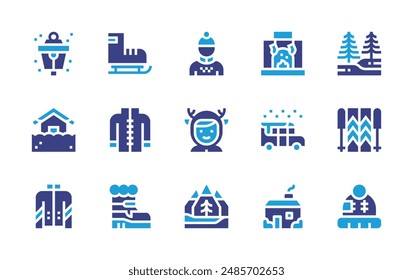 Conjunto de iconos de invierno. Color duotono. Ilustración vectorial. Conteniendo skate, hombre, cabaña de madera, chaqueta, bota, montaña, bosque, niño, esquí, gorro, chimenea, autobús.