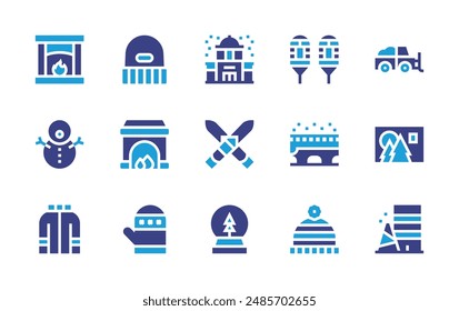Winter-Icon-Set. Zweitonfarbe. Vektorillustration. Enthalten Ski, Mütze, Jacke, Brücke, Kamin, mitten, Schneemann, Schneeball, Gebäude, Karte.