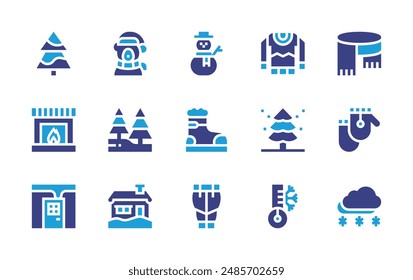 Winter icon set. Duotone color. Vector illustration. Containing tree, trousers, thermometer, boots, fireplace, house, door, forest, woolgloves, snowflake.
