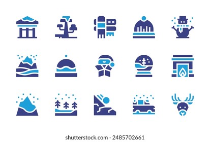 Conjunto de iconos de invierno. Color duotono. Ilustración vectorial. Contiene bufanda, sombrero de lana, sombrero, avalancha, estrella, coche, nevada, bola de nieve, montaña, museo, árbol.