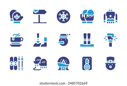 Conjunto de iconos de invierno. Color duotono. Ilustración vectorial. Contiene esquí, pala, muñeco de nieve, guantes, termómetro, bola de nieve, chocolate caliente, farola.