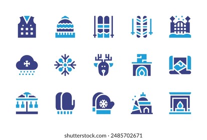 Winter icon set. Duotone color. Vector illustration. Containing winterhat, winter, skiingequipments, snowfall, sweater, deer, skiing, fireplace, map, gate.