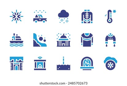Winter icon set. Duotone color. Vector illustration. Containing winterhat, winter, cityhall, snowflake, snowing, sweater, avalanche, transatlantic, jacket, car.