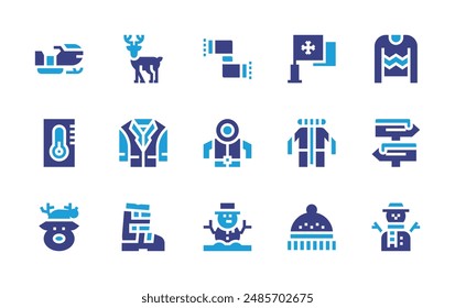 Winter icon set. Duotone color. Vector illustration. Containing winterhat, deer, scarf, flag, snowbike, skiboots, jacket, cold, coat, snowman.