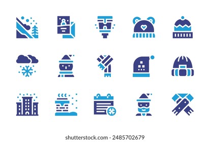 Winter icon set. Duotone color. Vector illustration. Containing winterhat, beanie, streetlight, calendar, man, snowman, scarf, babyhat, card, chimneytop.