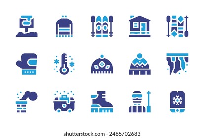 Winter icon set. Duotone color. Vector illustration. Containing winterhat, cap, sweater, snowboard, mitten, sign, cottage, thermometer, stalactite, skiequipment.