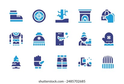 Winter icon set. Duotone color. Vector illustration. Containing winterhat, pants, gloves, iceskate, christmassweater, pinetree, mitten, travel, loader.