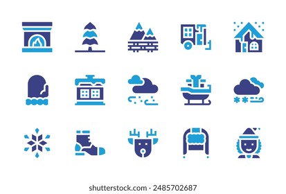 Conjunto de iconos de invierno. Color duotono. Ilustración vectorial. Contiene sombrero de invierno, mitones, copo de nieve, ciervo, casa, trineo, botas, mujer, ventisca, nevada.