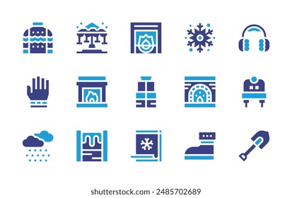 Conjunto de iconos de invierno. Color duotono. Ilustración vectorial. Contiene chimenea, suéter, copo de nieve, carrusel, valenki, cascada, guantes, chaleco, nieve, calendario.