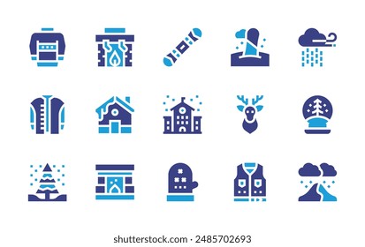 Winter icon set. Duotone color. Vector illustration. Containing jacket, cabin, school, fireplace, snowboard, wind, snowball, snowing, glove, reindeer.