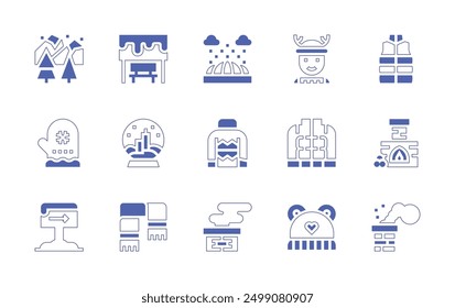 Winter icon set. Duotone style line stroke and bold. Vector illustration. Containing vest, coat, fireplace, igloo, chimney, boy, babyhat, jumper, snowball, busstop, scarf.