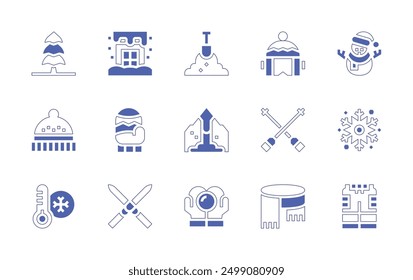 Winter icon set. Duotone style line stroke and bold. Vector illustration. Containing winterhat, thermometer, tree, snowshovel, avalanche, snowball, mittens, phonebooth, skis.